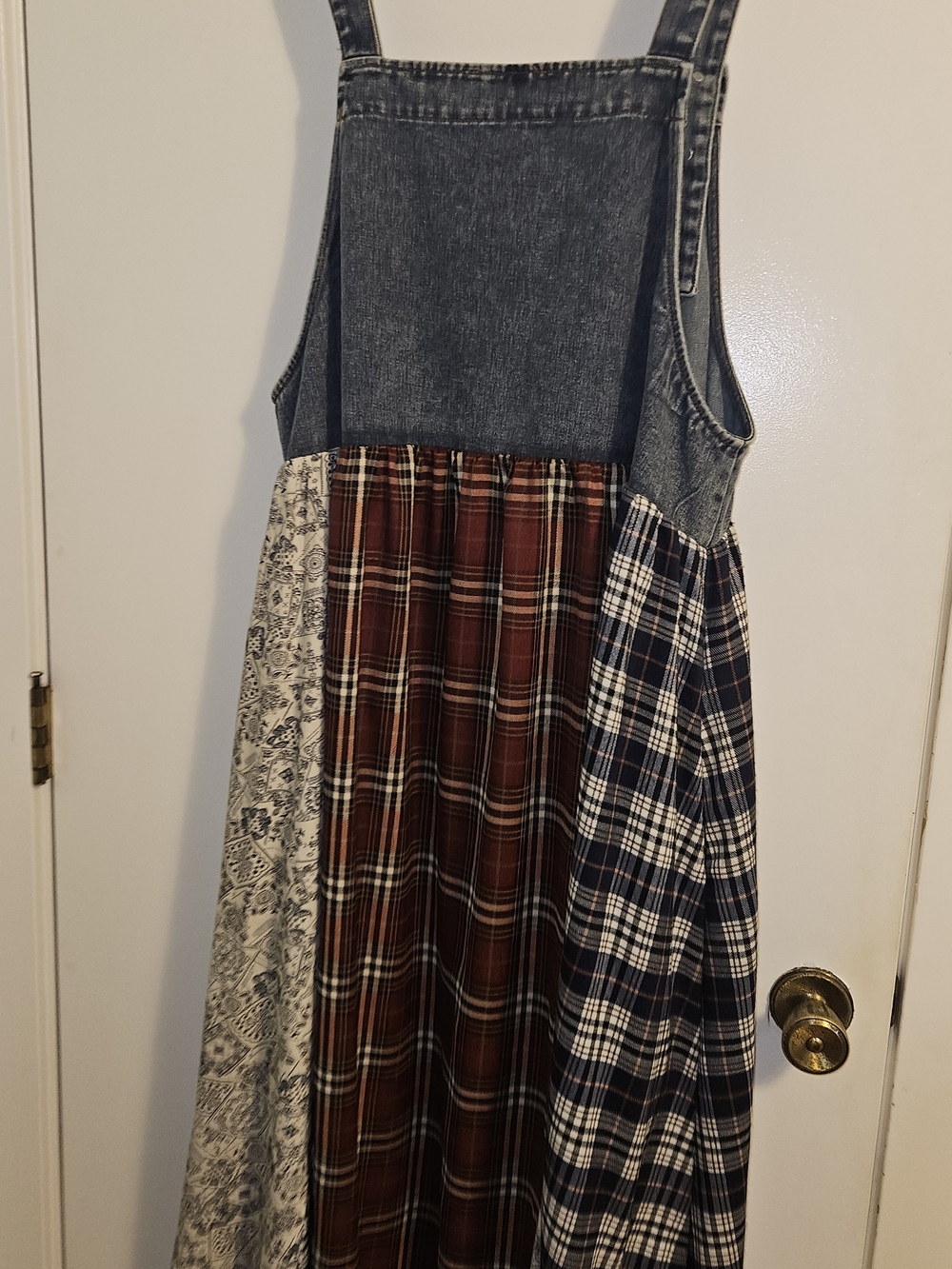 Patchwork Plaid Maxi Dress with Denim Bib - Picture 6 of 8
